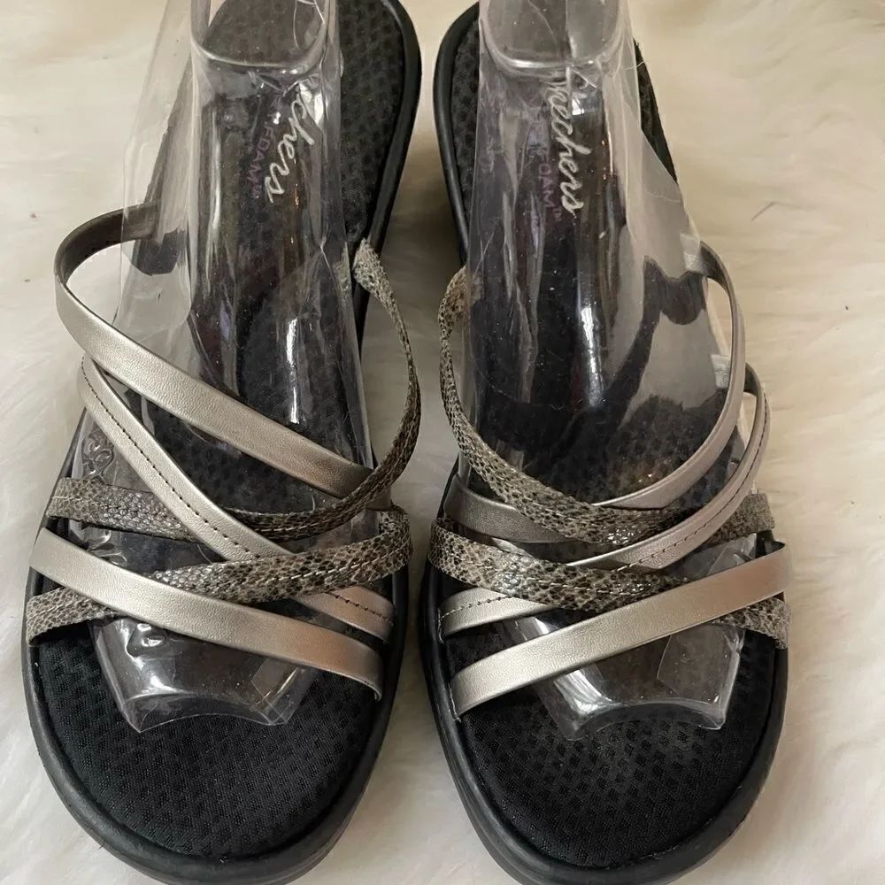 Skechers Memory Foam metallic gray and reptile prints straps wedge sandals SZ10